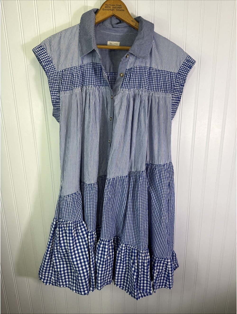 Anthropologie Blue and White Gingham Tiered Shirt Dress - Picture 2 of 7